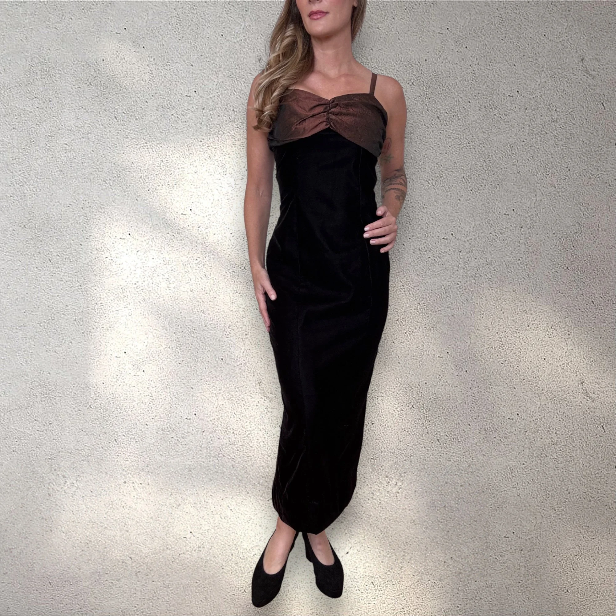 Vintage 90s Black Velvet Brown Satin Gown