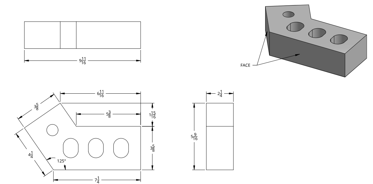 Technical drawing of a metal part with dimensions, including a top view, front view, and a 3D rendering, showing holes and angles.