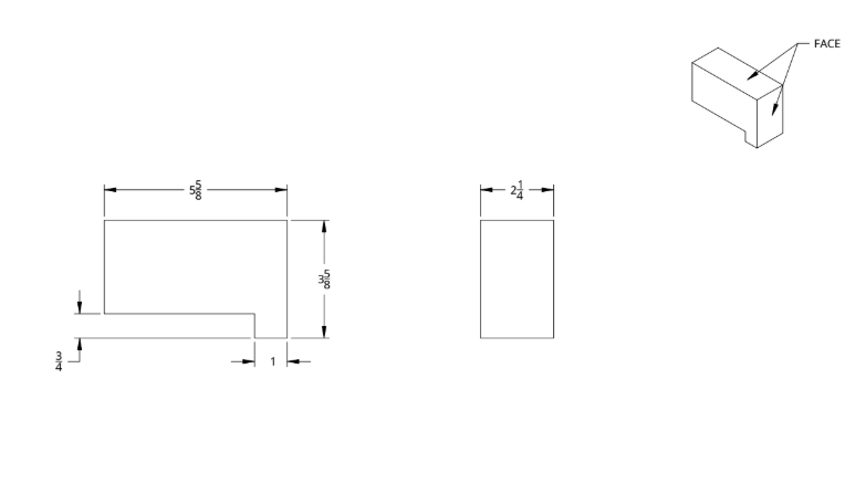 Technical drawing of a rectangular object with dimensions, including a side view, front view, and an isometric view labeled face.