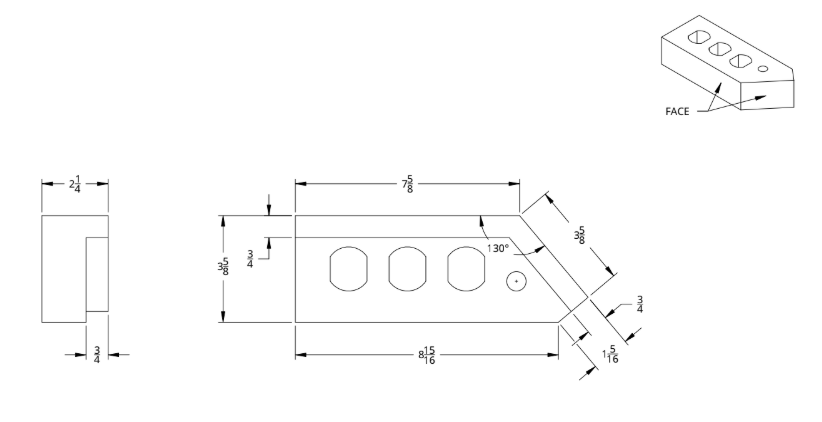 Technical drawing of a mechanical part with dimensions, including a top view, side view, and an isometric view, showing holes and angles.