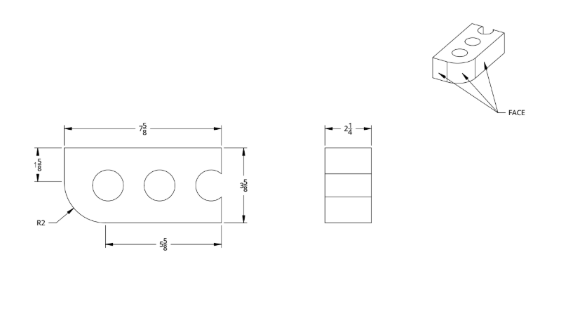 Technical drawing of a small mechanical part with dimensions, featuring two circular holes, a rounded edge, and a side view, along with an isometric view highlighting the face of the part.