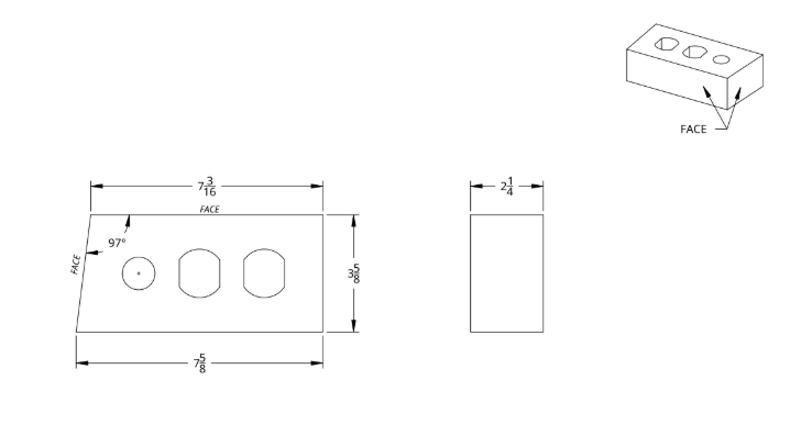 Technical drawing of a rectangular metal bracket with three holes, including dimensions for length, width, and hole placement, shown with a 3D perspective view.