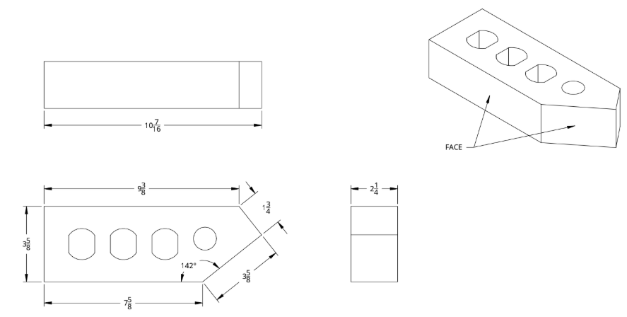 Technical drawing of a rectangular block with four holes on the top face, including detailed measurements and angle specifications, with an isometric view showing the face of the block.