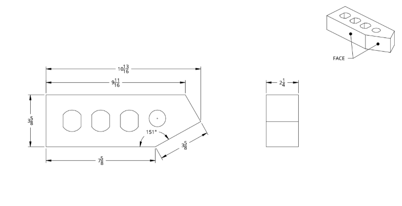 Technical drawing of a mechanical part with detailed dimensions, including side views, top views, and a small 3D block labeled 'face'.