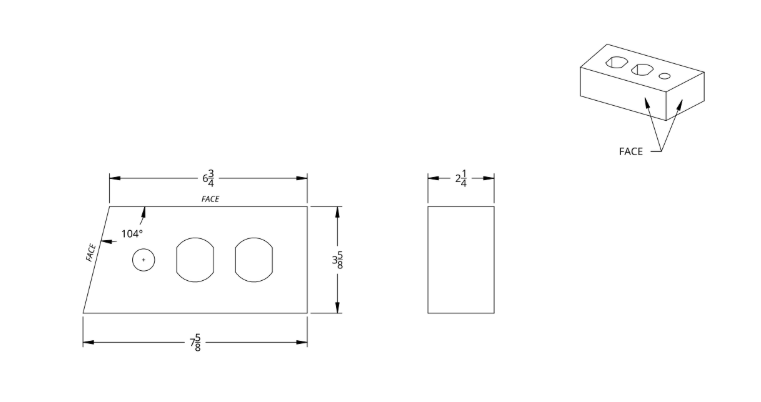 Technical drawing of a metal workpiece with dimensions, a face view, side view, and a 3D illustration showing the face with three holes.