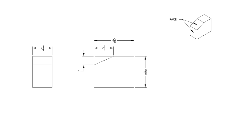 Technical drawing of a rectangular object with dimensions labeled, showing front, side views, and a 3D isometric view of a small rectangular block with a face and a sloped surface.