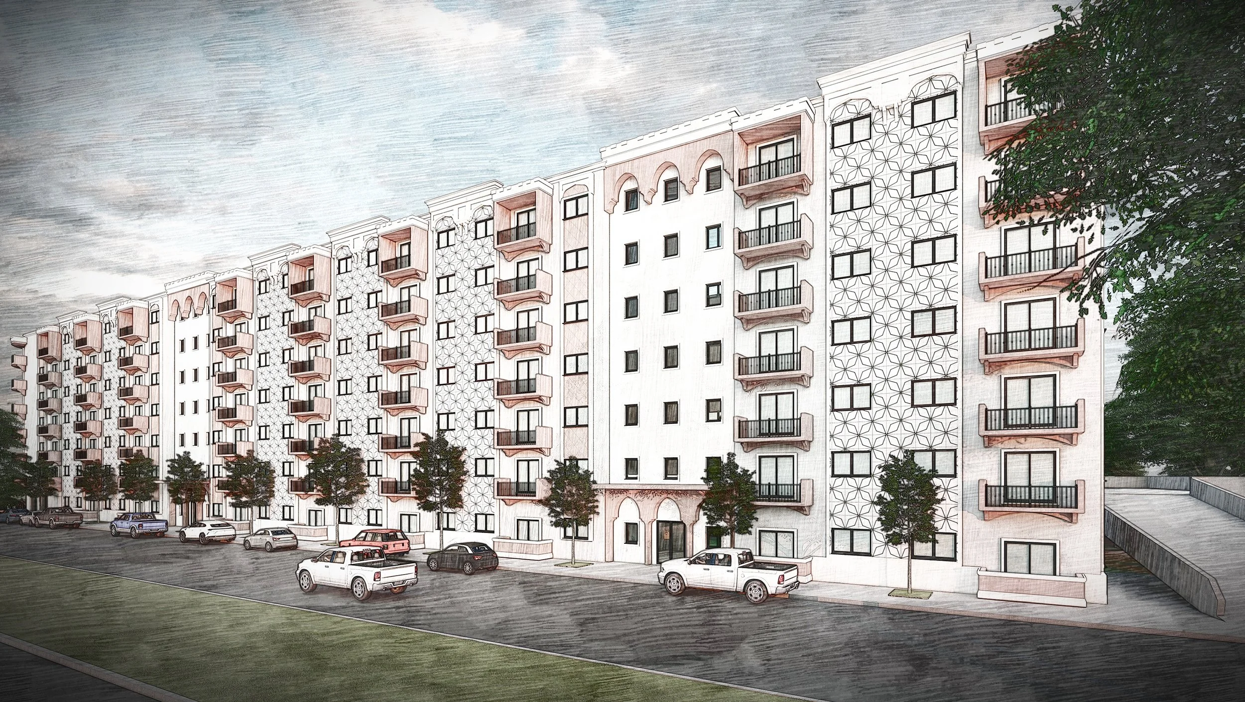 Digital rendering of a multi-story apartment building with multiple balconies, trees along the sidewalk, parked cars in the front, and a parking ramp on the right, under cloudy skies.