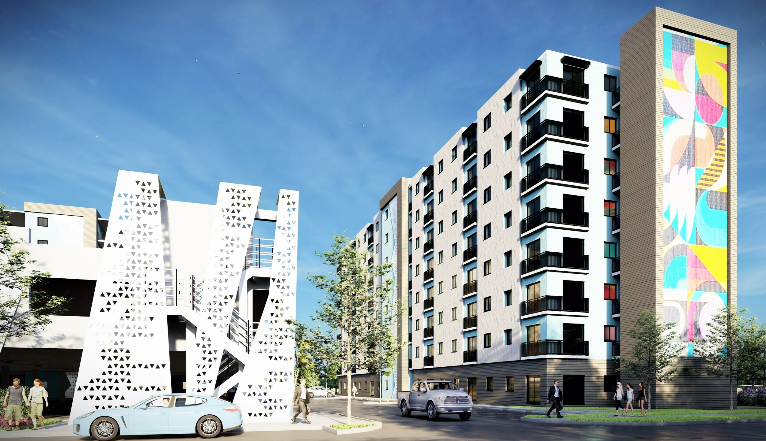 Modern urban cityscape with a large colorful mural on a high-rise building, a white architectural sculpture with triangular cutouts, and several people walking on the sidewalk with cars parked and driving by.
