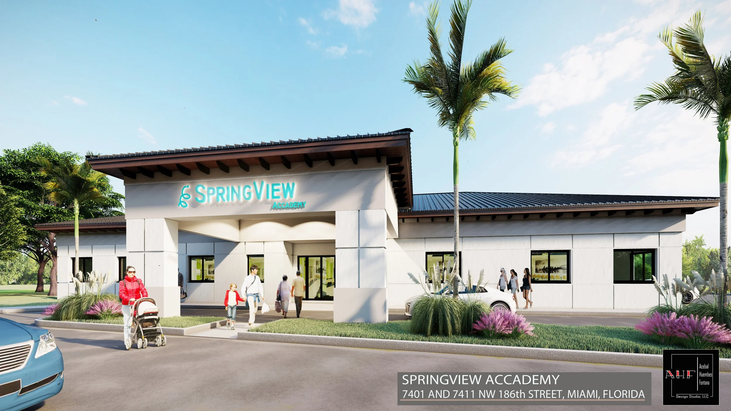 Rendering of the SpringView Academy building, a modern white structure with a wooden roof, located at 7401 and 7411 NW 186th Street, Miami, Florida. The scene includes people walking, palm trees, and landscaped greenery.