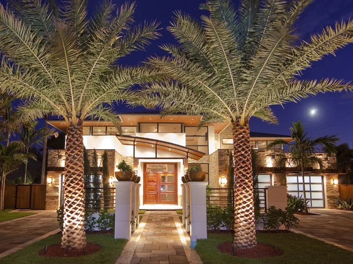 Nighttime view of a modern house with tall palm trees in front, illuminated walkway, and well-lit exterior.