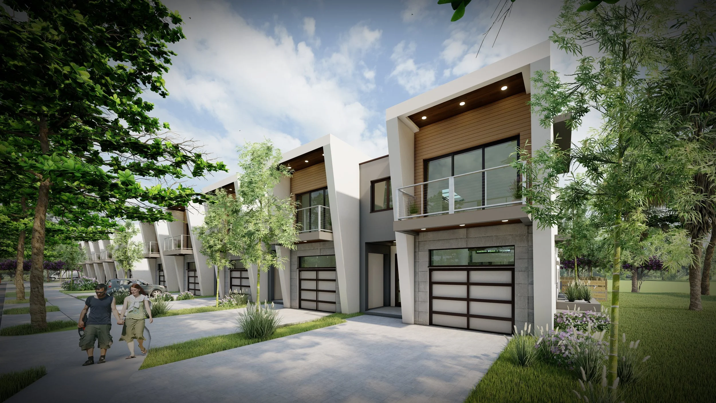 A row of modern townhouse homes with large glass windows and balconies, surrounded by green trees and landscaped lawns, with people walking on the sidewalk.