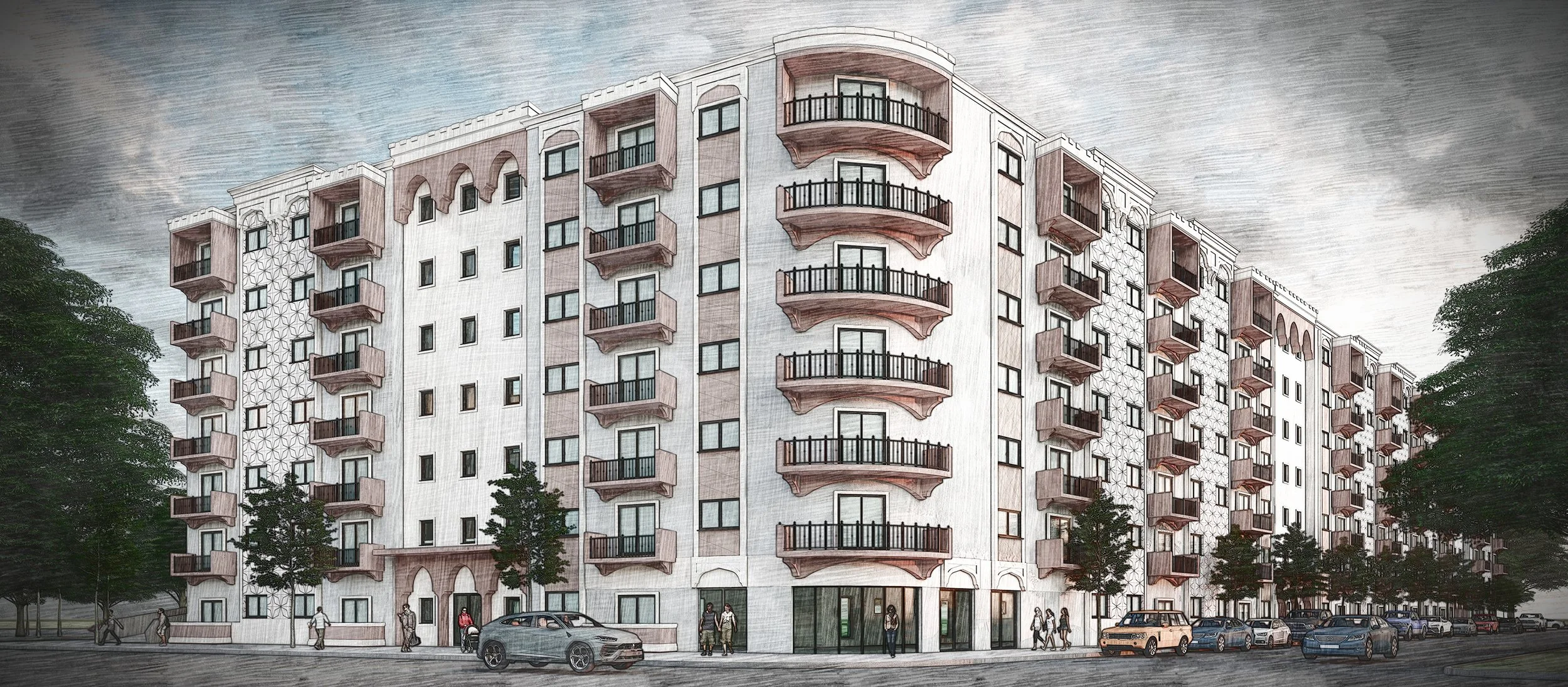 A large white residential building with multiple floors and balconies, surrounded by trees and parked cars in front.