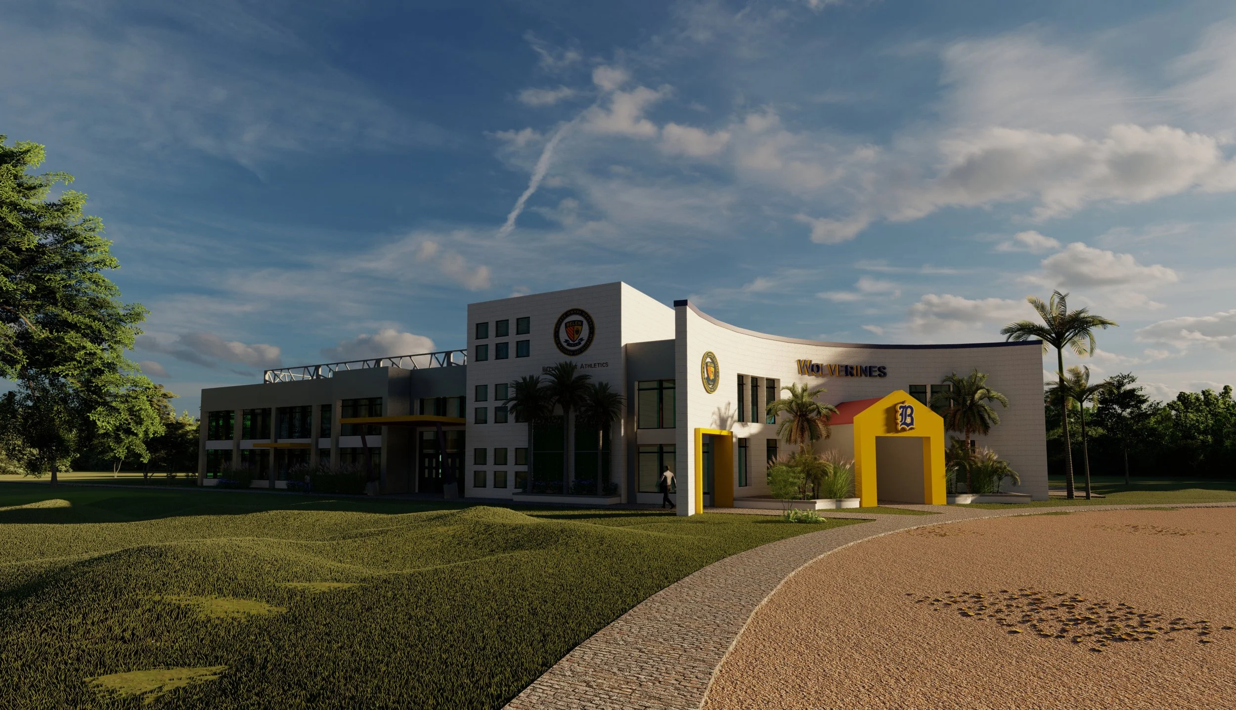 A modern stadium building with white walls, palm trees, and yellow accents, under a blue sky with clouds.