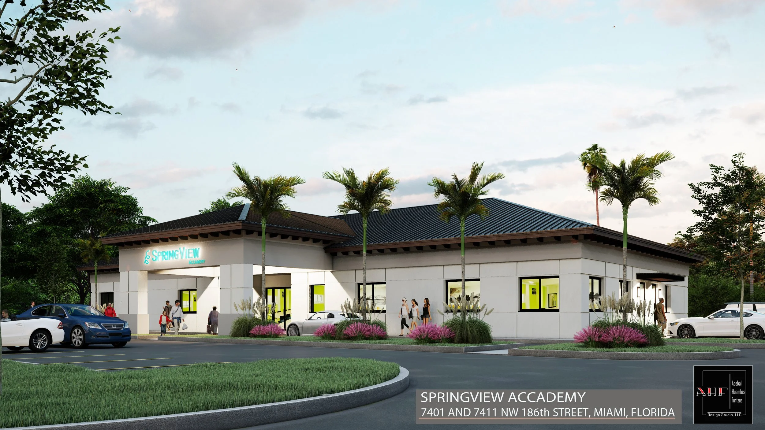 A modern educational building labeled Springview Academy, located at 7401 and 7411 NW 186th Street, Miami, Florida, with palm trees, landscaped plants, parking lot, and people walking outside during daytime.