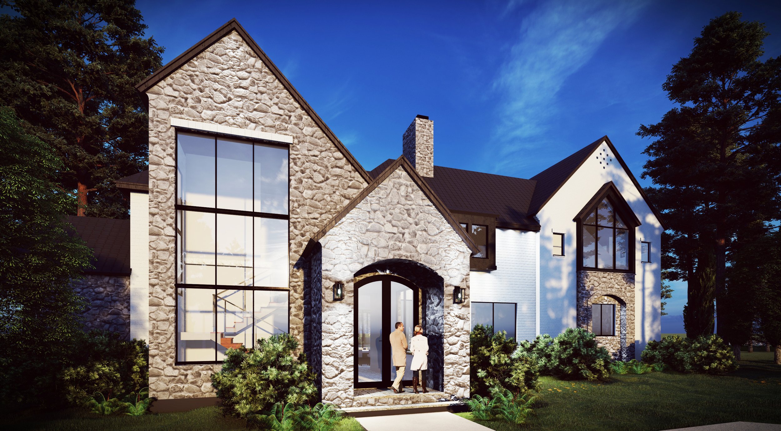 A modern multi-story house with stone and white siding exterior, large windows, and a small front porch with two people standing and talking outside.