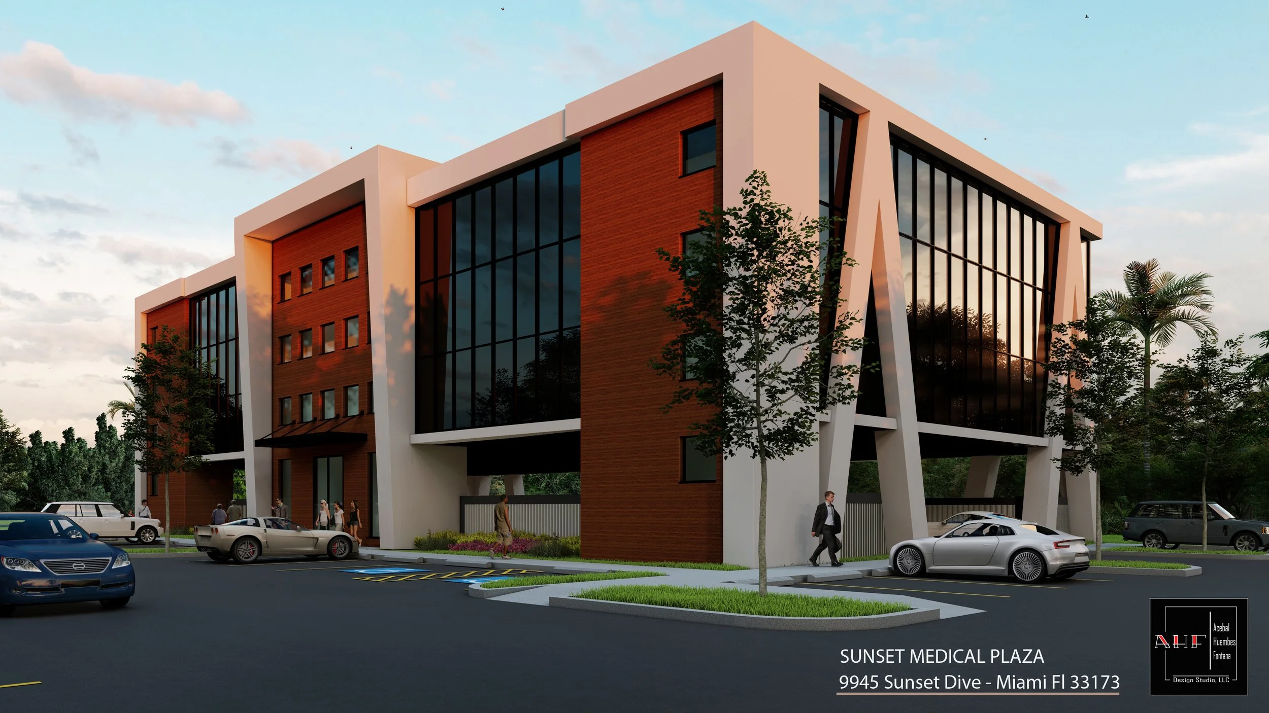 Architectural rendering of Sunset Medical Plaza, a modern building with large glass windows and a combination of white and wood exterior, located at 9945 Sunset Dive in Miami, Florida, during sunset.