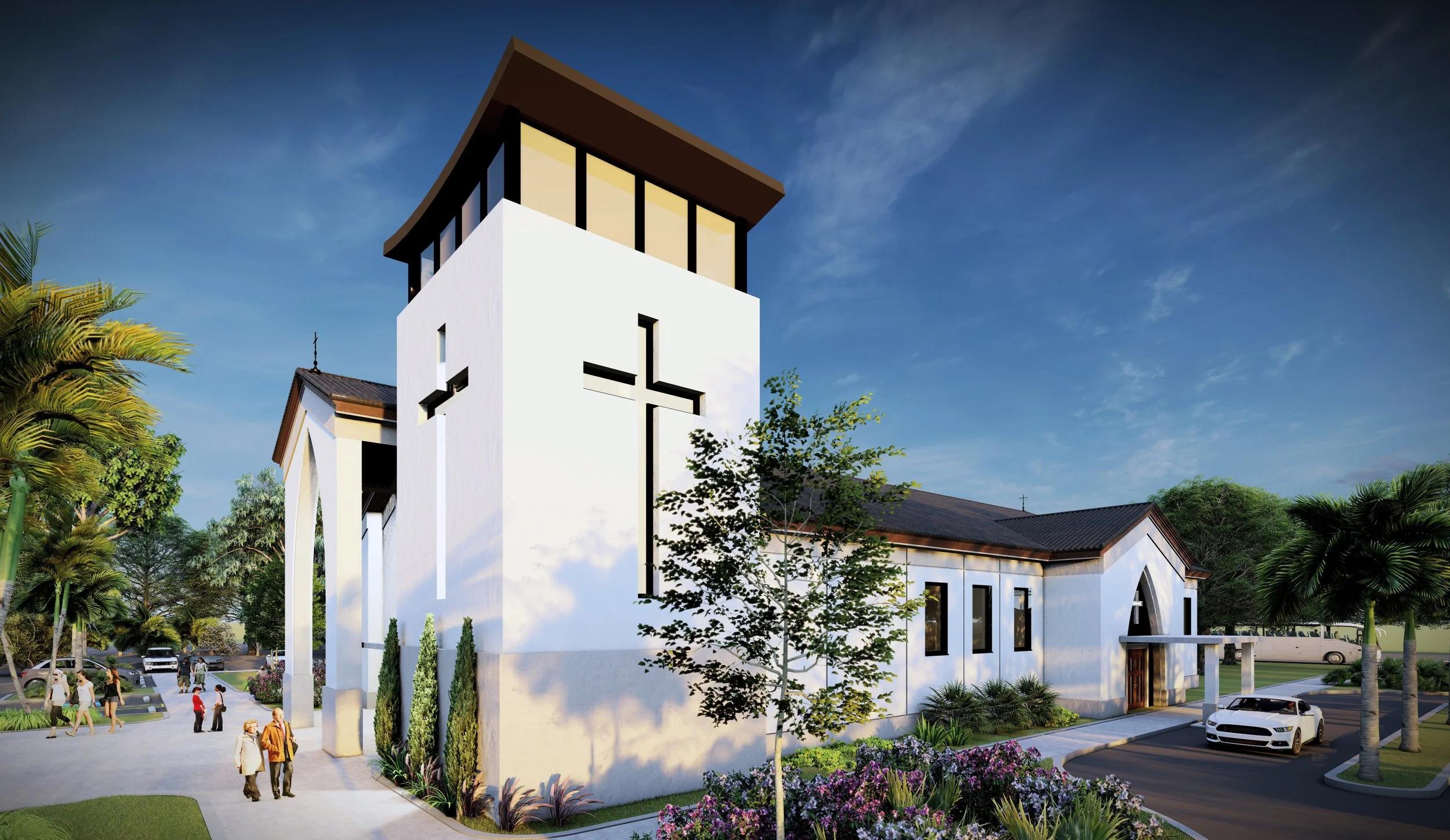 Modern church with a tower featuring a cross cutout, surrounded by trees and people walking outside on a sunny day.