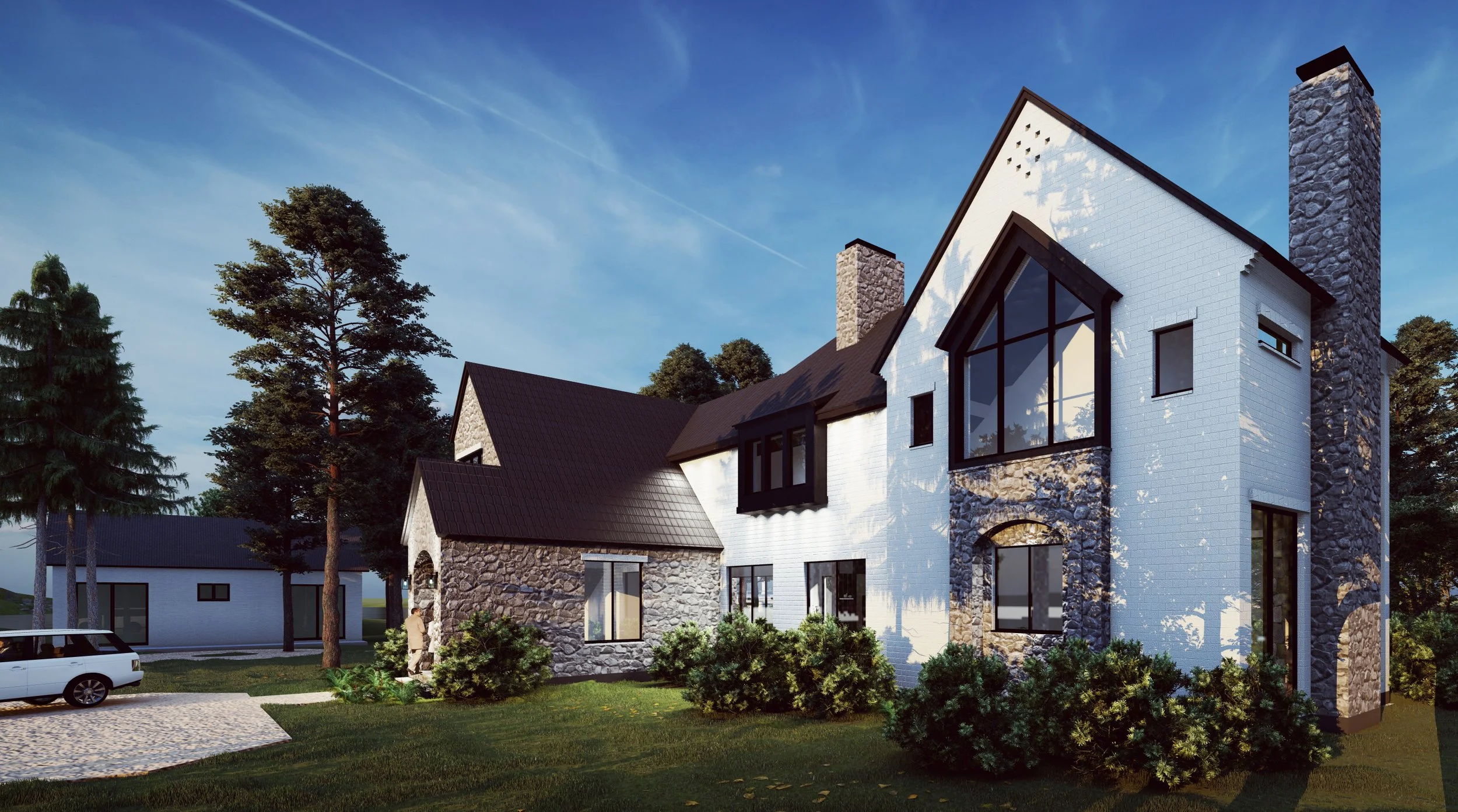 A modern house with a combination of stone and white siding exterior, large windows, and a landscaped yard with shrubs, trees, and a driveway with a parked car.