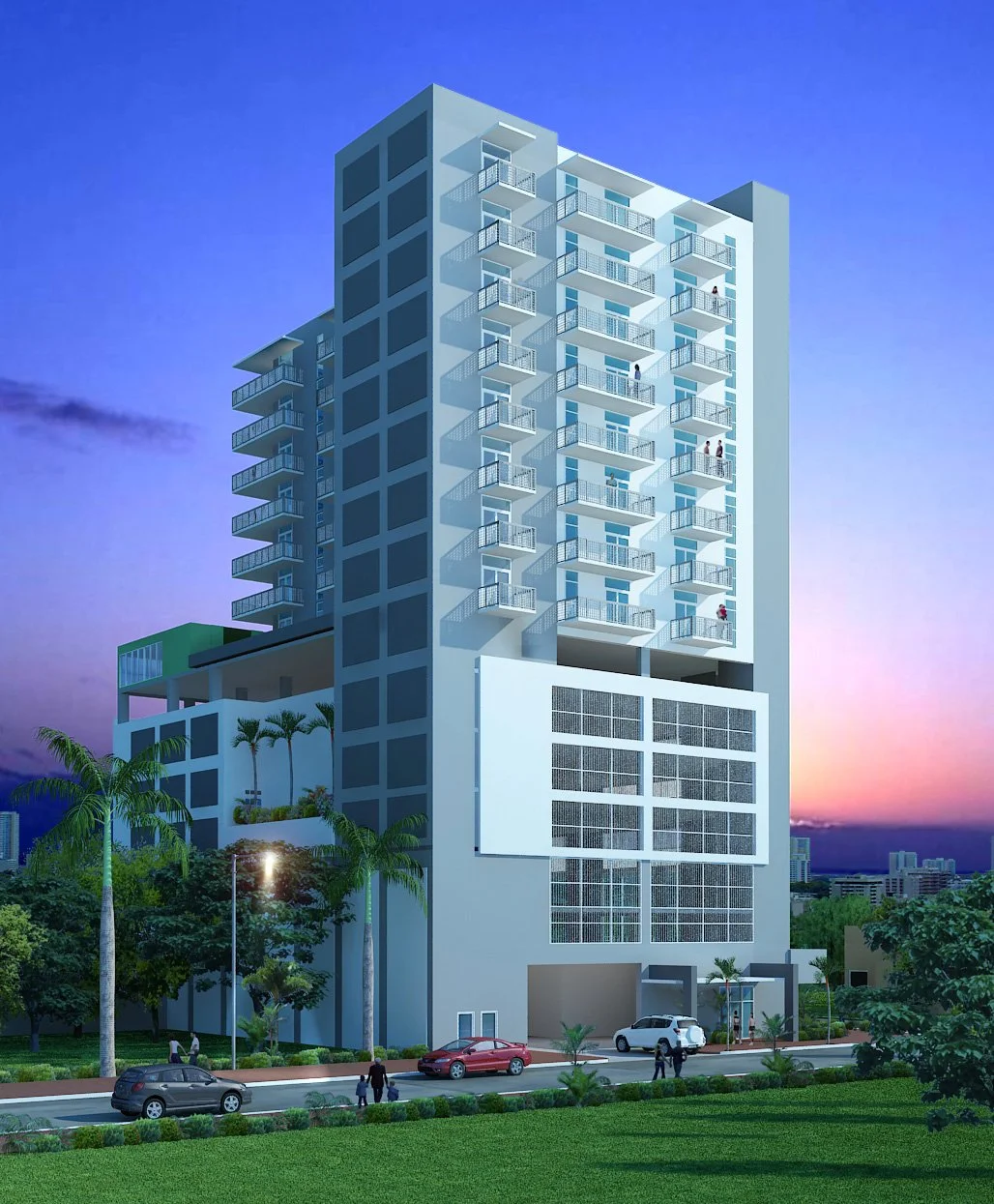 A modern high-rise apartment building with multiple balconies, surrounded by palm trees and cars, during dusk with a colorful sky.