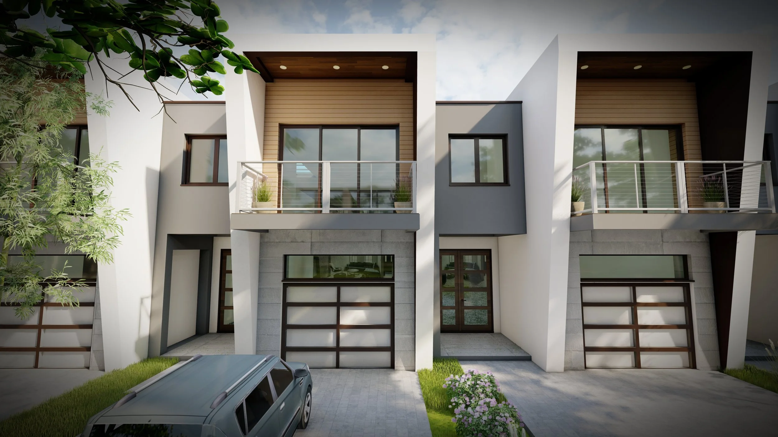 Modern two-story townhouses with white and gray exterior walls, wooden accents, glass balconies, and garages; a gray car parked in front; shrubs and greenery around.