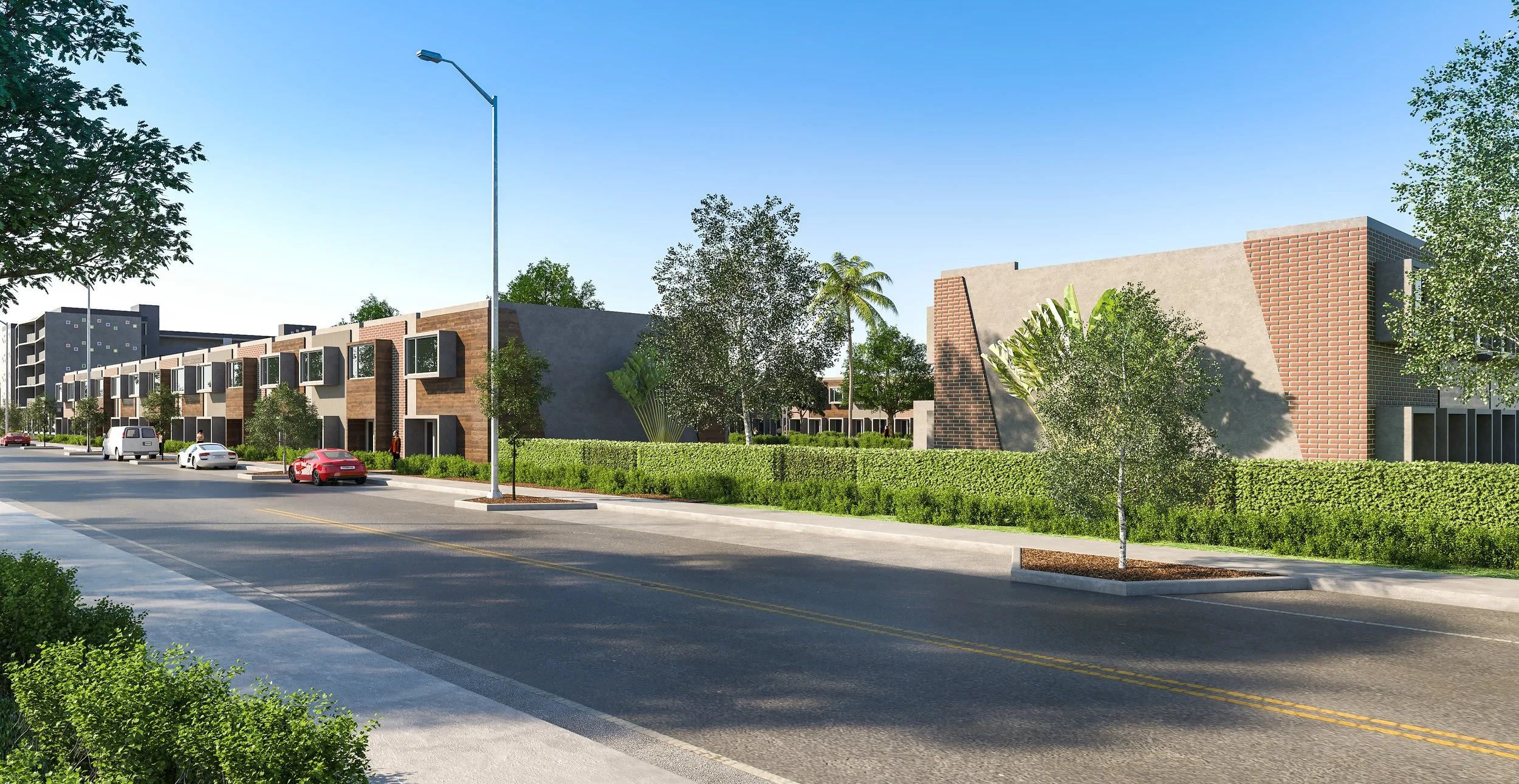 A modern urban street scene with multi-story residential buildings, parked cars, and trees along a clear day.