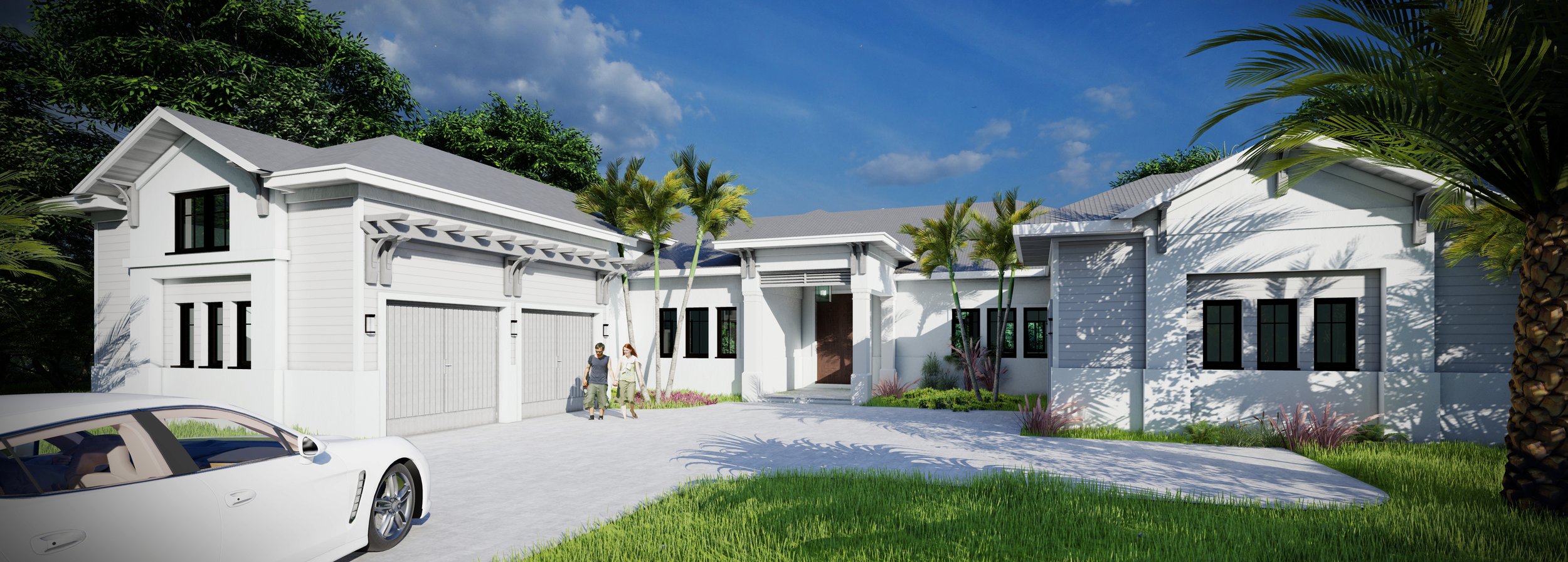 A modern white house with black-trimmed windows, surrounded by palm trees and lush greenery, with a driveway and a white sports car parked outside.