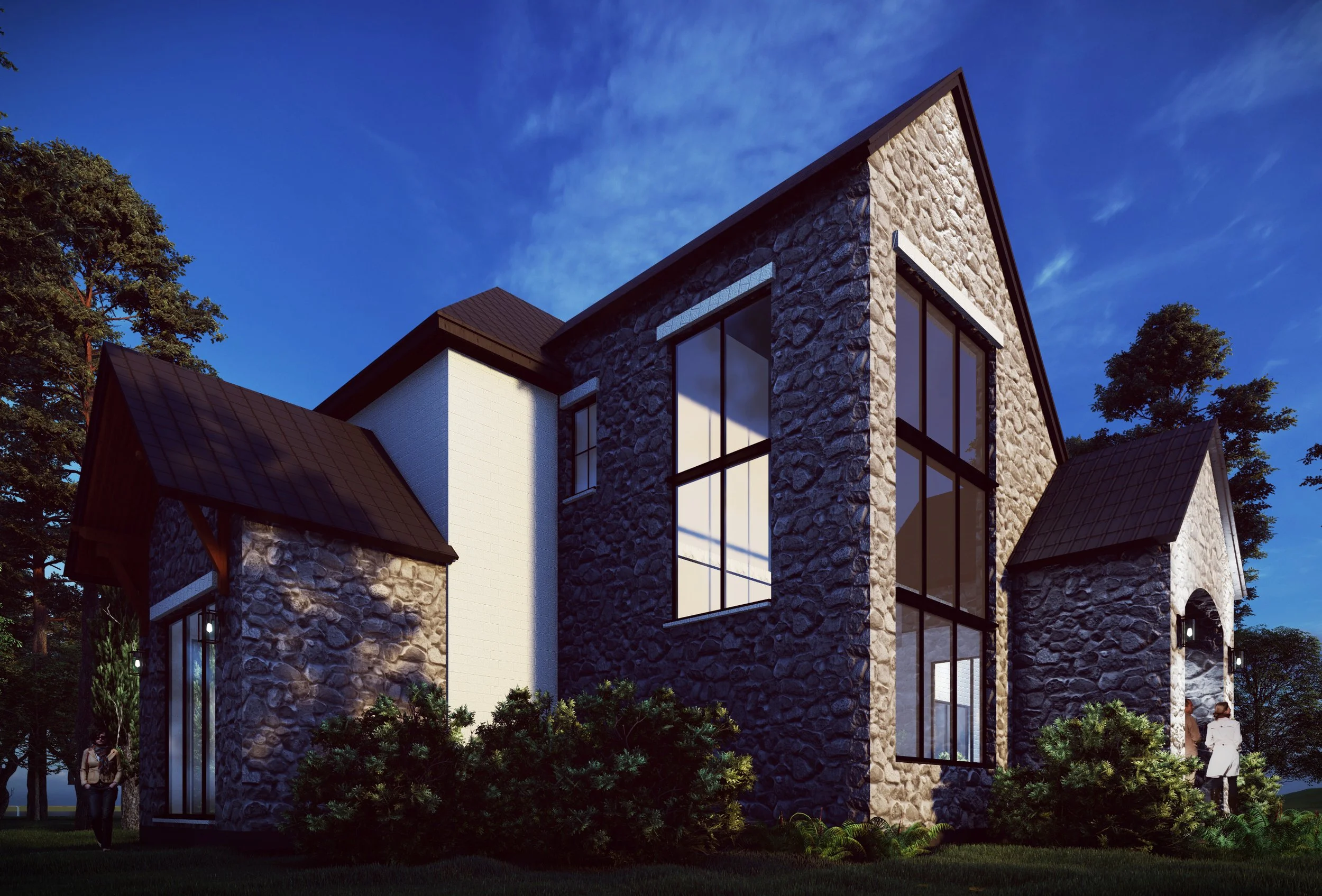 Modern house with stone and white walls, large floor-to-ceiling windows, and a gabled roof, surrounded by trees and bushes.