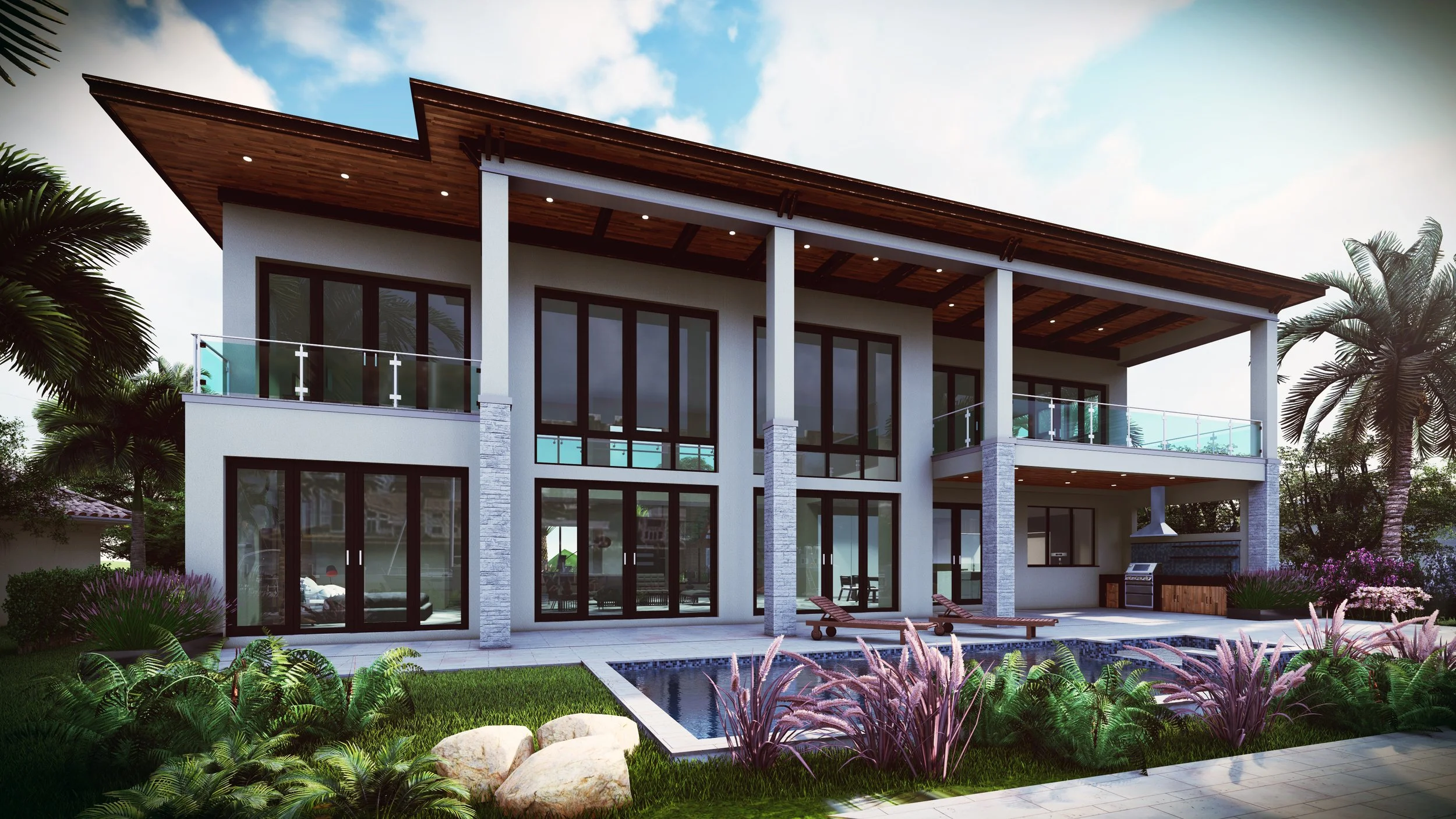 Modern two-story house with large glass windows, outdoor patio with lounge chairs, swimming pool, lush landscaping with various plants, palm trees, and an outdoor kitchen area under a wooden pergola, under a partly cloudy sky.