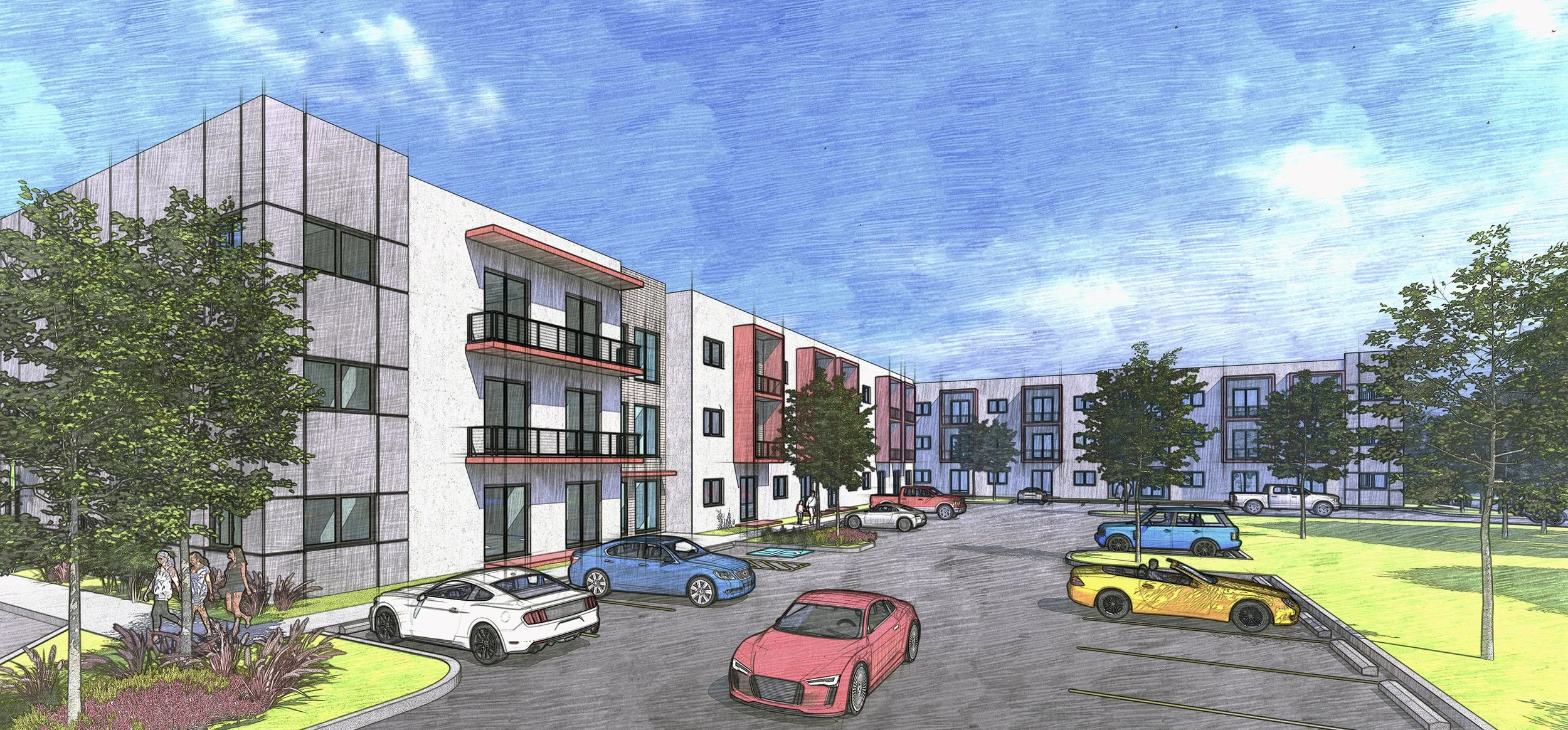 Artist's rendering of a modern apartment complex with multiple floors, balconies, landscaped gardens, and a parking lot filled with various cars. Several trees are planted around the area, and a few people are walking near the building.
