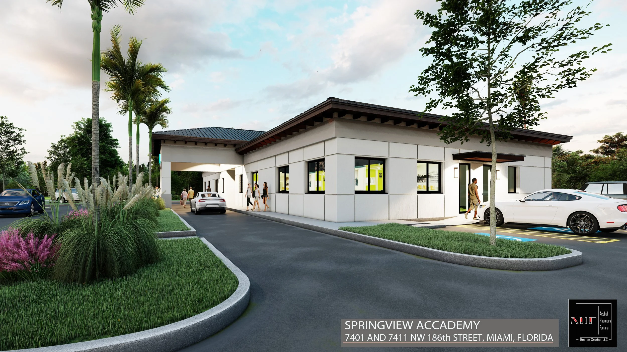 Perspective view of Springview Academy building located at 7401 and 7411 NW 186th Street, Miami, Florida, with parking lot, landscaped greenery, trees, and parked cars, during daytime.