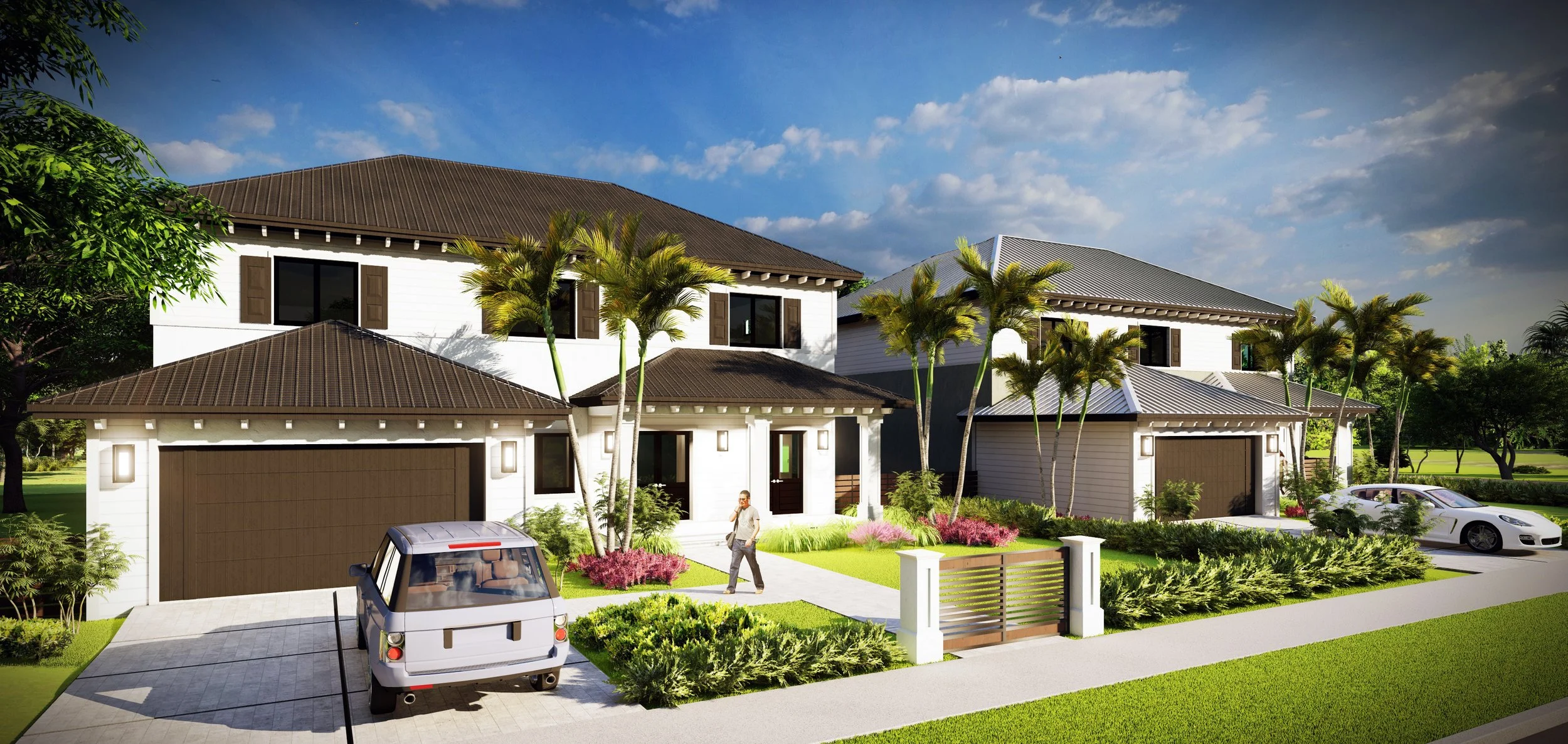 A modern, two-story house with a landscaped front yard, palm trees, and two parked cars, under a partly cloudy sky.