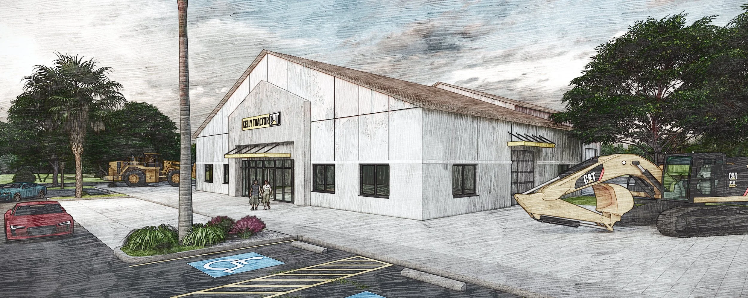 Illustration of a new construction retail building with construction equipment, parked cars, trees, and a wheelchair accessible parking space.