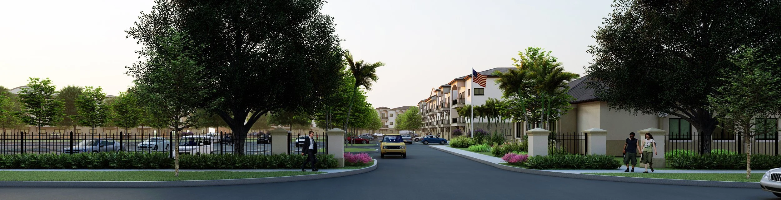 A digital rendering of a gated residential community entrance with trees, parked cars, apartment buildings, and people walking.
