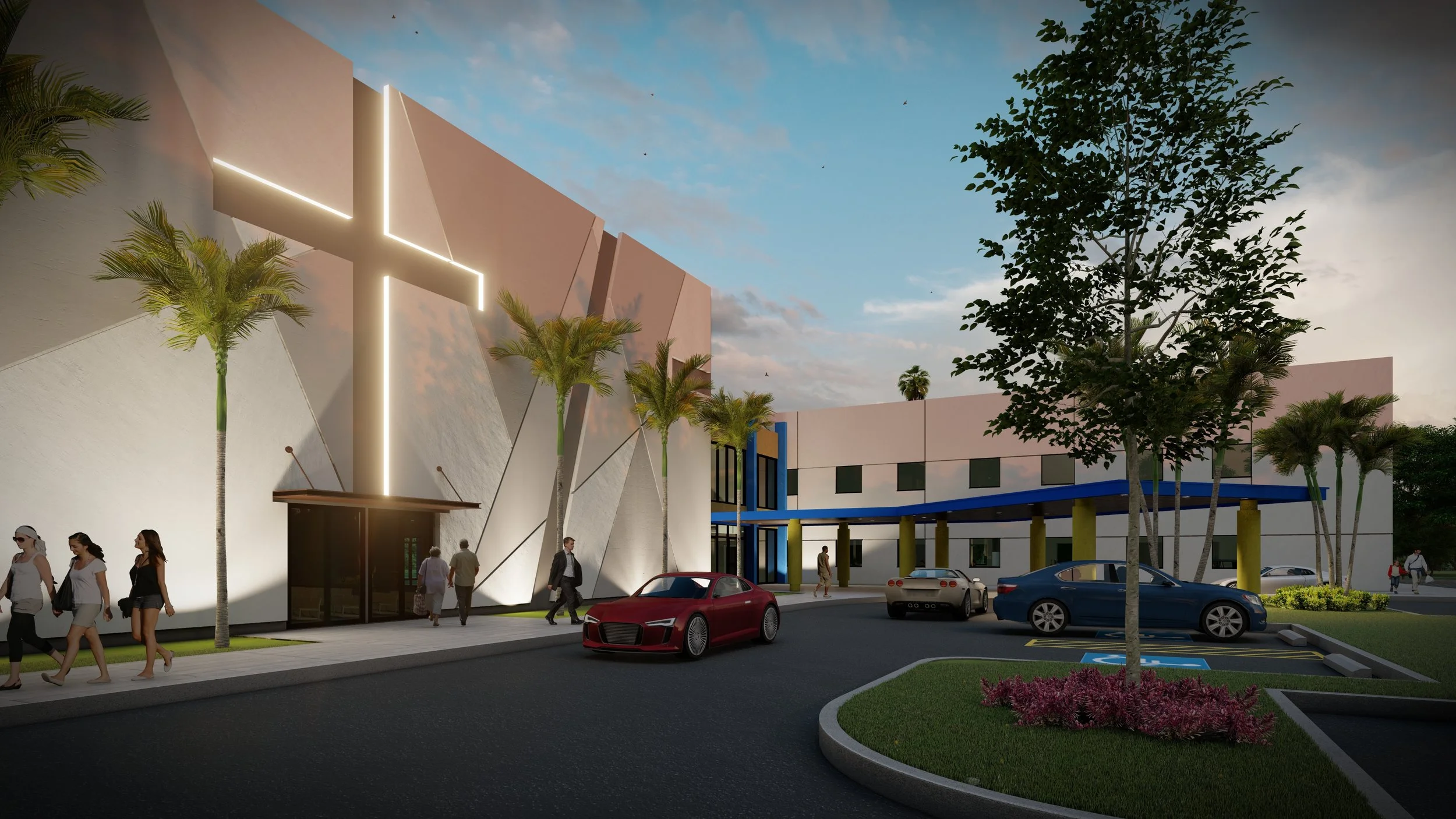 Modern church building with a large illuminated cross, surrounded by palm trees, a parking lot with cars, and people walking outside during sunset.