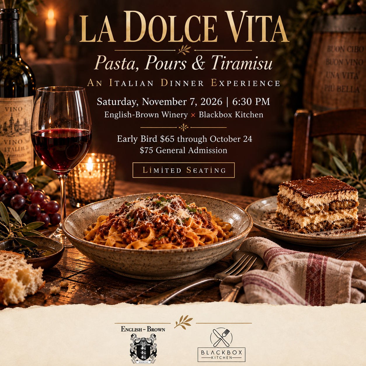 LA DOLCE VITA Pasta, Pours & Tiramisu @ English Brown WINERY November 7th 6:30pm