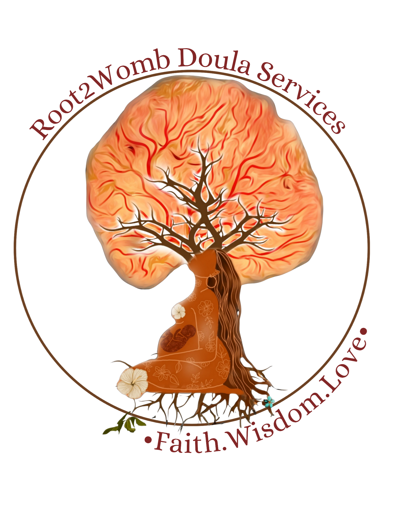 A graphic logo featuring a tree with a placenta-shaped canopy, a root system and a figure of a woman integrated into the trunk. The text encircles the image, reading 'Root2Womb Doula Services' at the top and 'Faith. Wisdom. Love.' at the bottom.