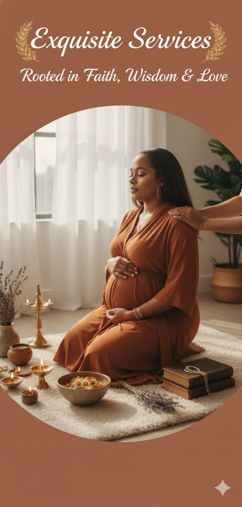 Pregnant woman sitting on a rug receiving a massage, with candles, a bowl, and books around her, in a softly lit room with white curtains and potted plant, promoting relaxation and wellness.