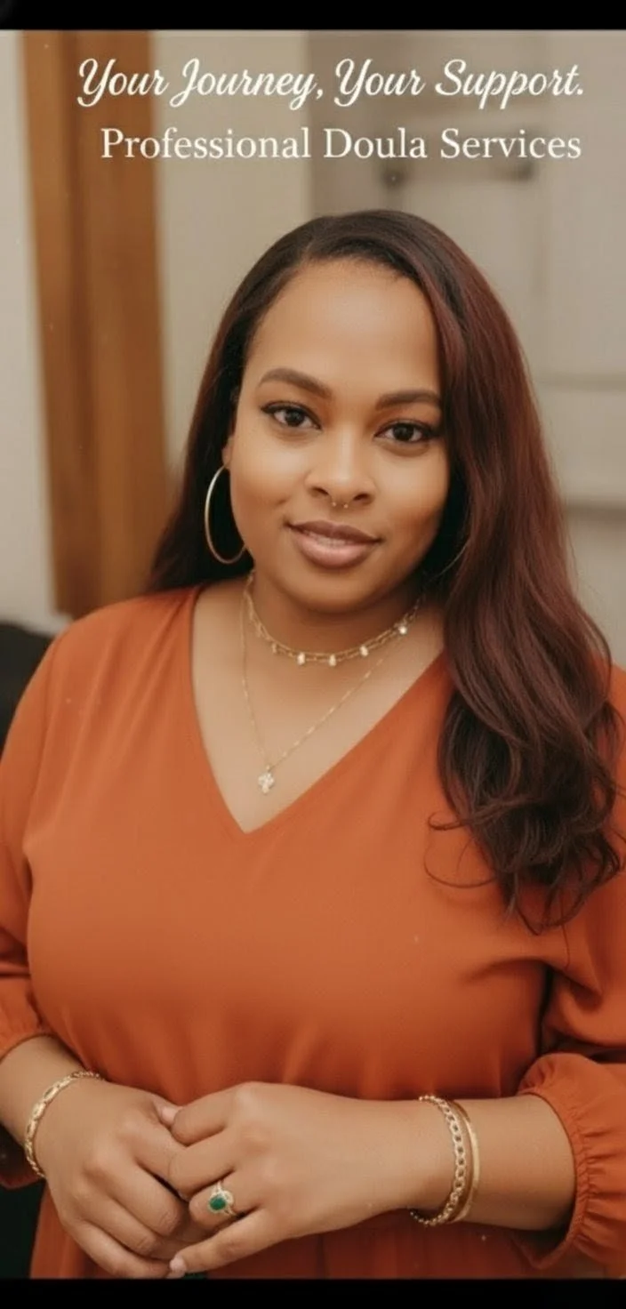 Portrait of a woman with dark red hair, wearing a rust-colored top, gold hoop earrings, layered necklaces, and jewelry on her hand, with text overlay promoting professional doula services.