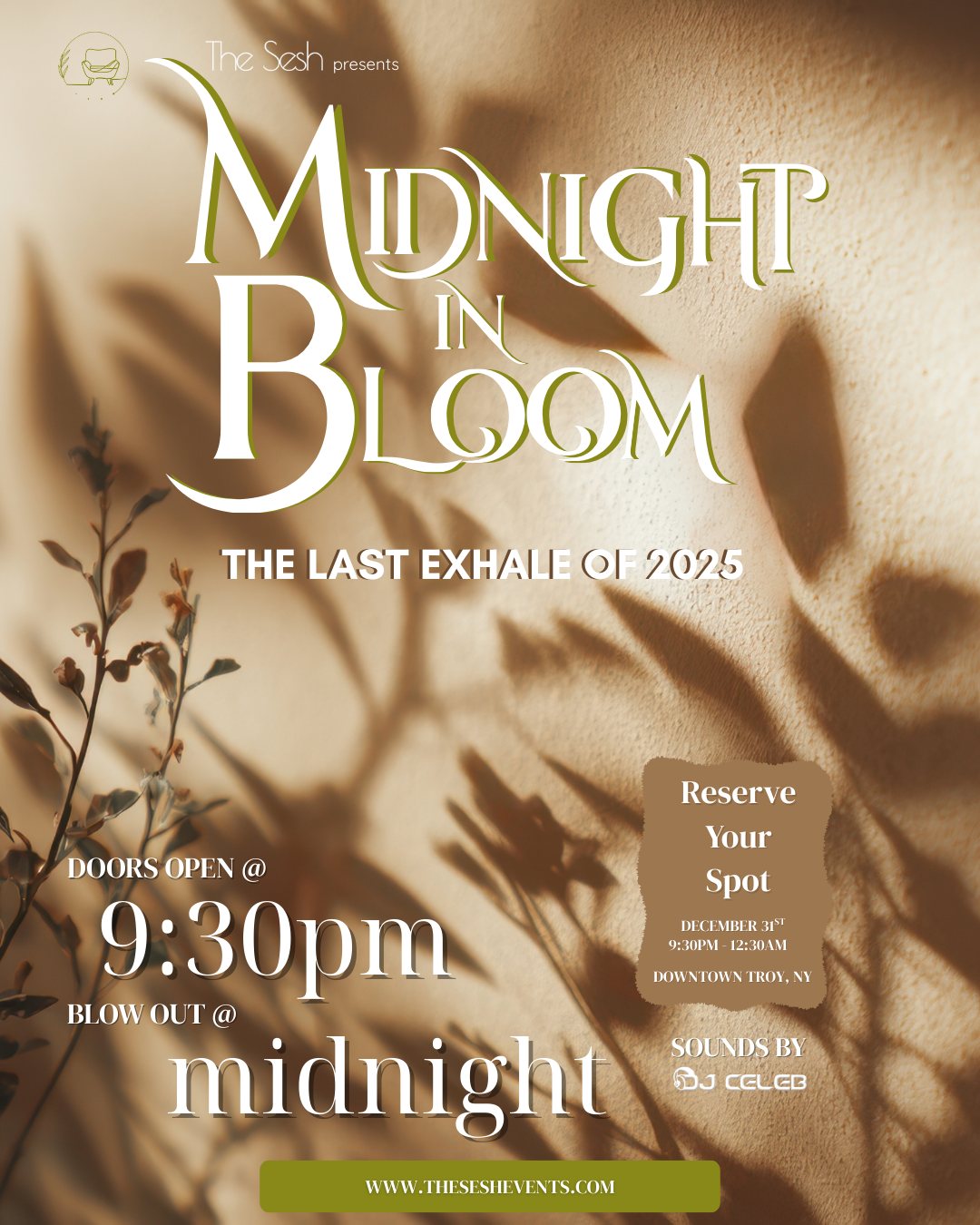 Event poster for 'Midnight in Bloom,' a night of lighting up instead of popping bottles, happening at Lola E. Bola's, 13th Street, Troy, NY, with doors opening at 9:30 pm and the event blowing out at midnight.