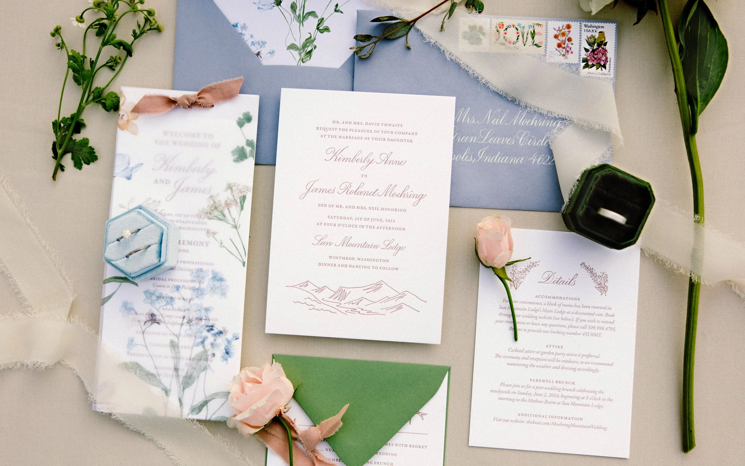 Design and art direction for wedding invitation suite and program. Calligraphy by Chelsea Wagner.