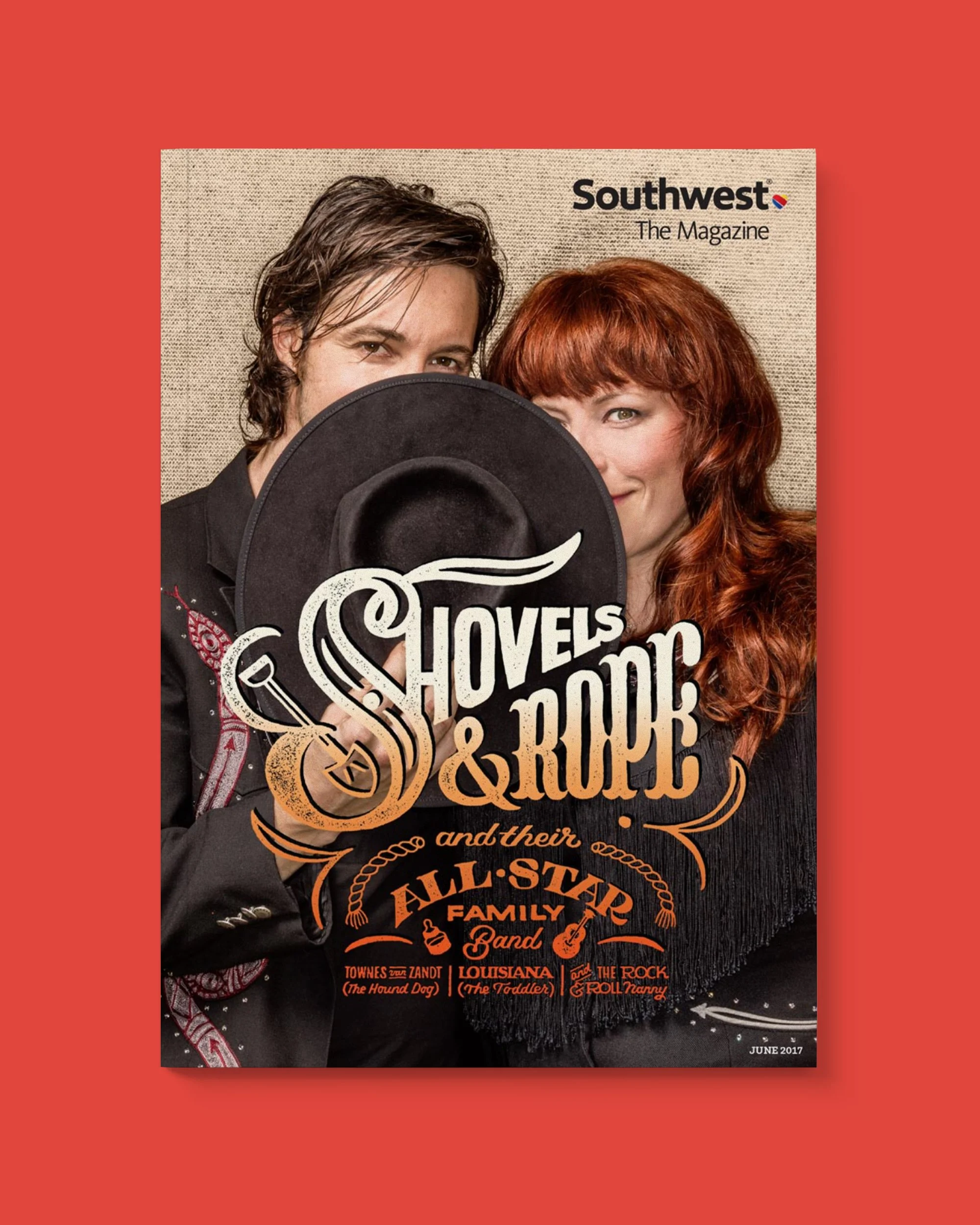 Cover art direction for Southwest: The Magazine profile on folk duo Shovels & Rope. Photograph by Jeff Wilson; lettering by Jill De Haan.