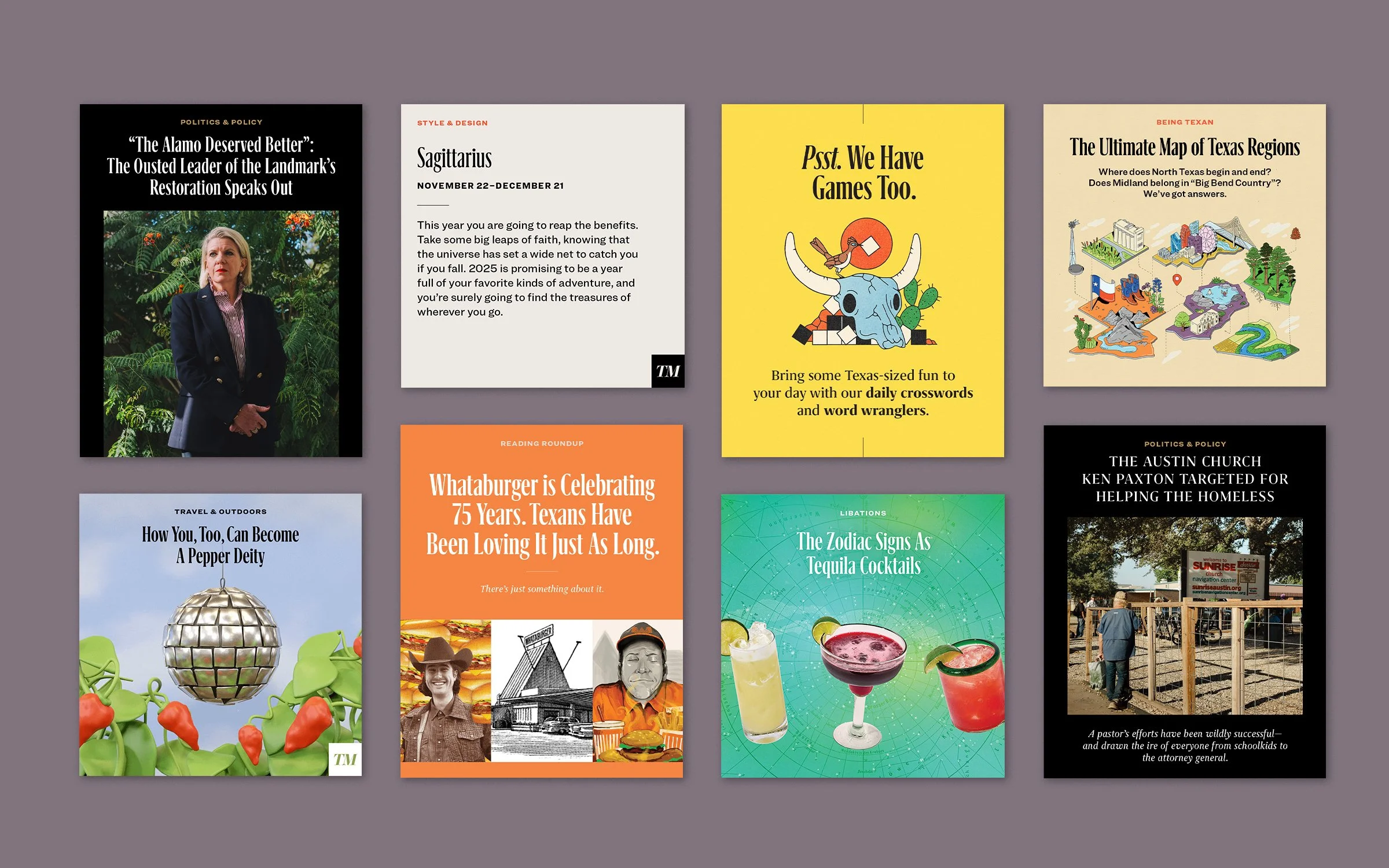 Social media assets for various Texas Monthly stories.