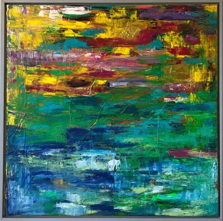 Abstract landscape painting with vibrant colors of yellow, red, purple, green, and blue.