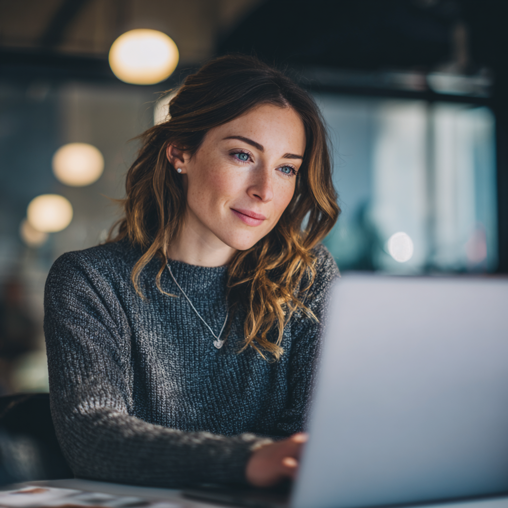 A young woman with wavy auburn hair, blue eyes, and light freckles, working on a laptop in a modern cafe with soft lighting and blurred background.