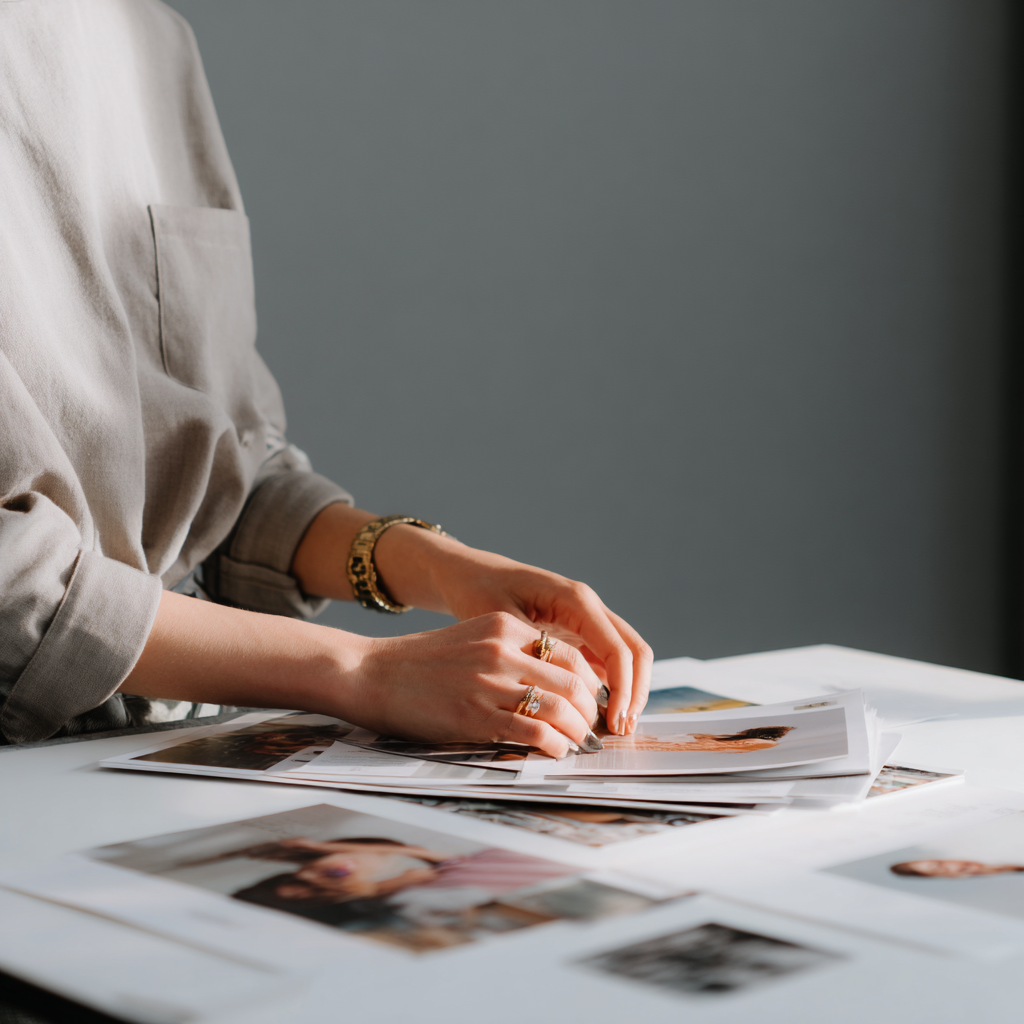 A person looking through printed photographs on a table.