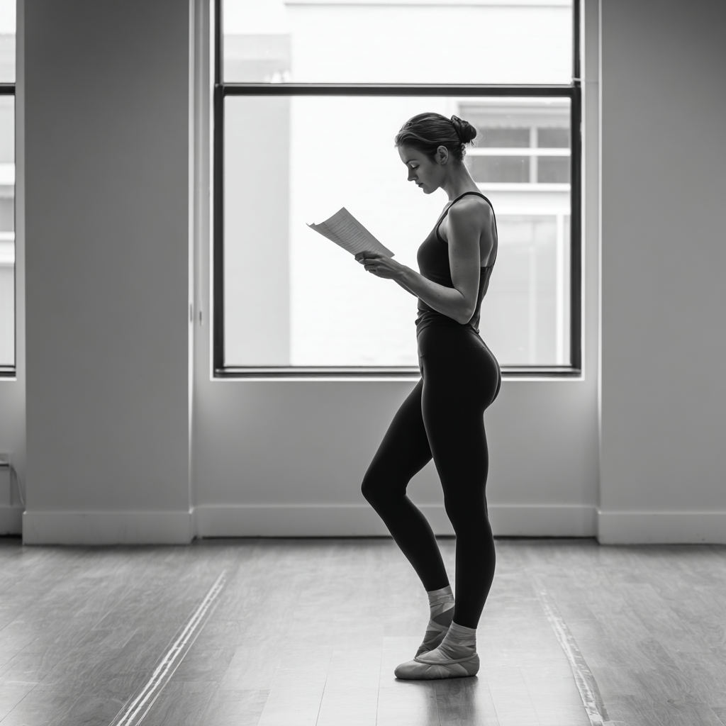 A woman in athletic clothing and ballet slippers standing in a studio, reading a paper in front of a large window.