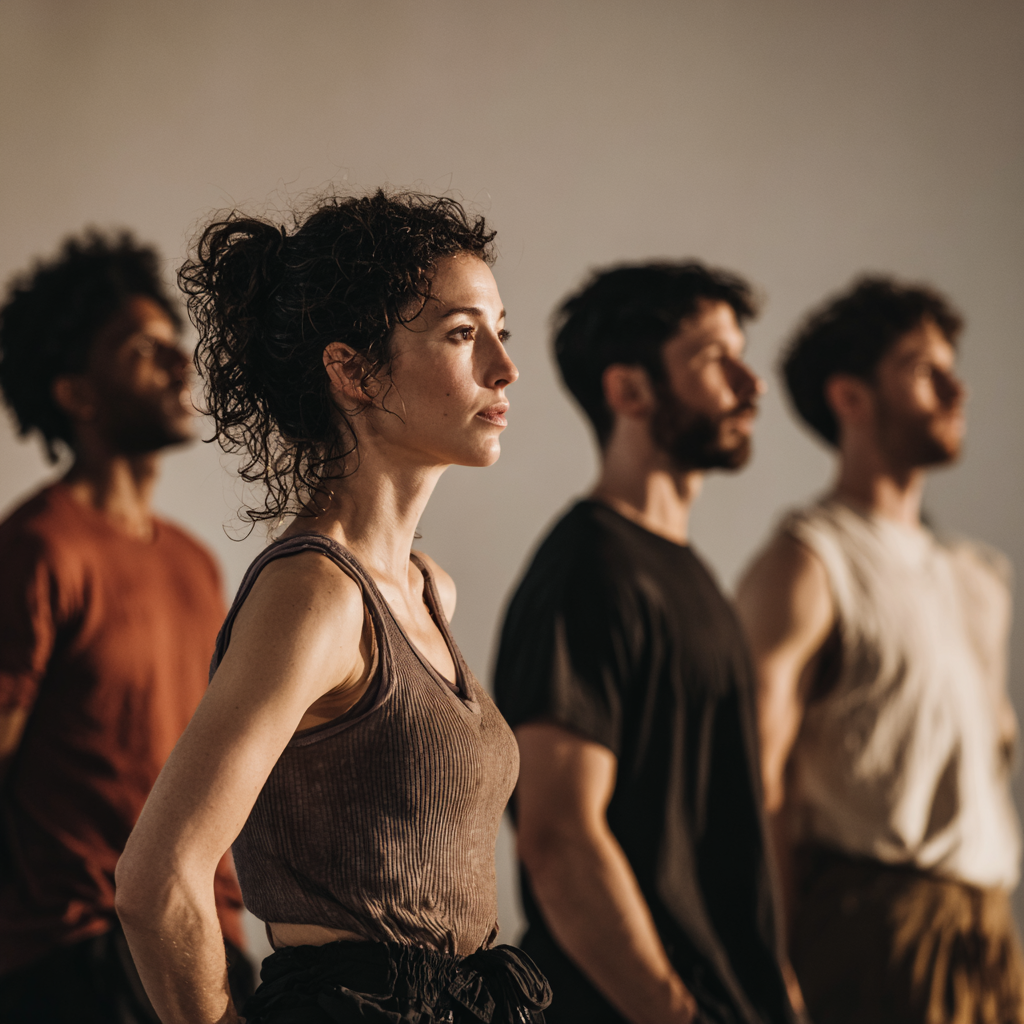 Four diverse individuals standing in a row, focused and serious, in a neutral room with soft lighting.