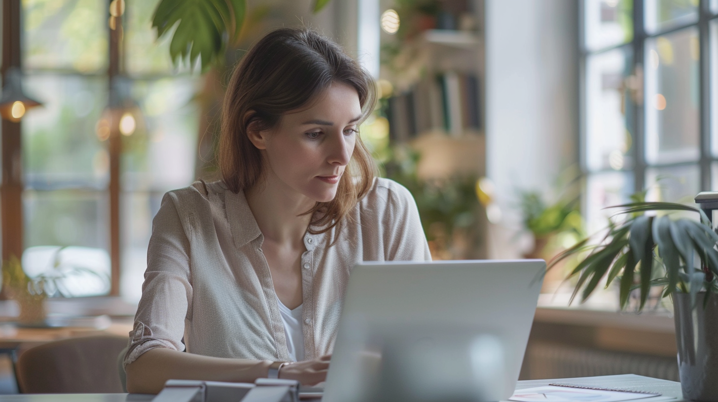A woman working on a laptop in a well-lit room with large windows and indoor plants.