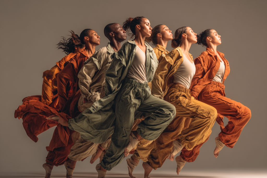 Six diverse women in earth-toned athletic clothing performing a synchronized dance or movement pose against a plain background.