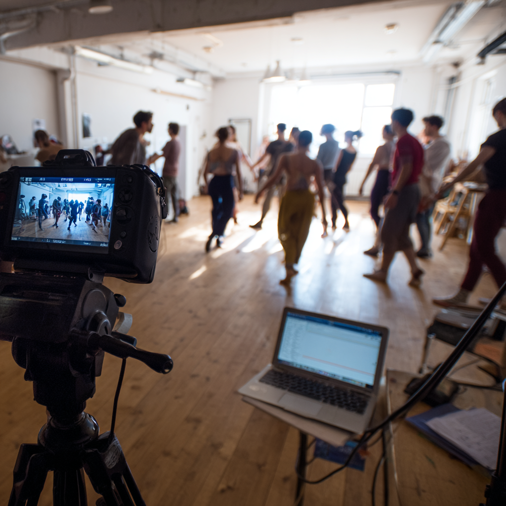 People dancing in a brightly lit dance studio with large windows, while a camera and a laptop record and monitor the activity.